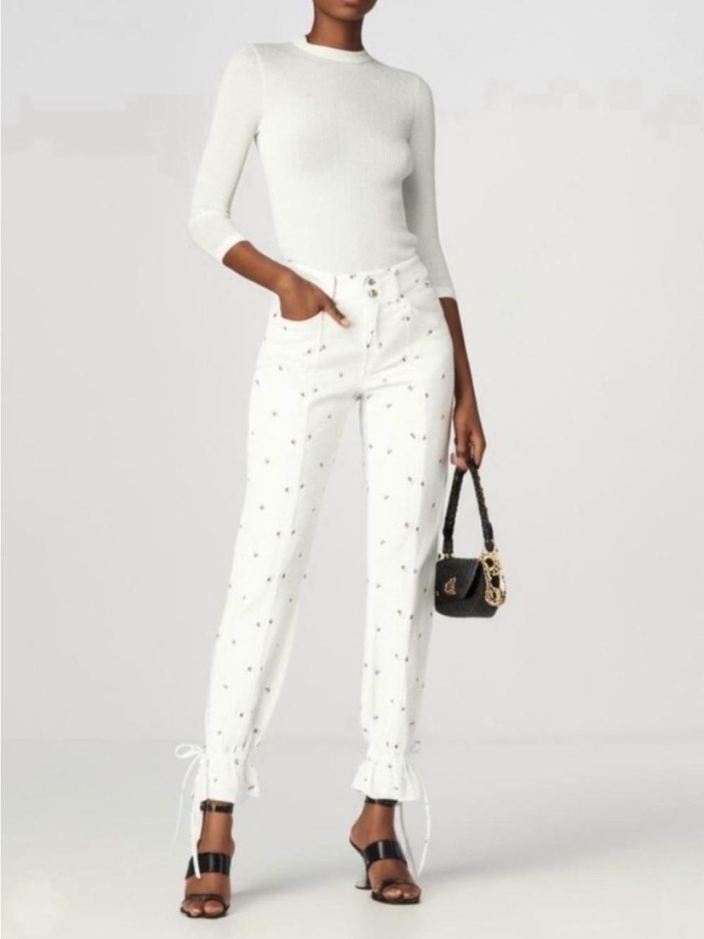 NWT SOMETHING NAVY Sylvia Denim Pants With Tie Sz 4 White Floral